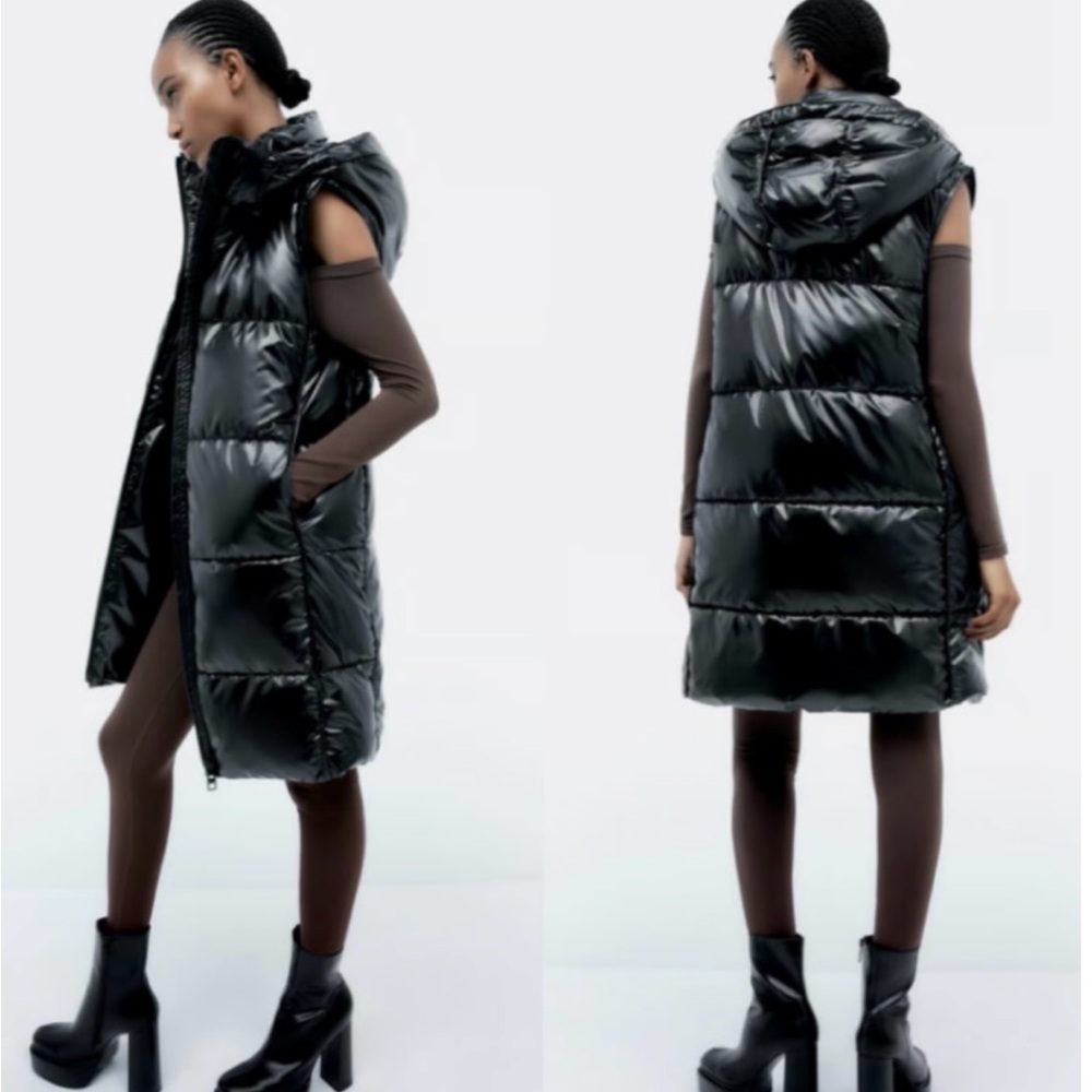 Zara long shiny Puffer Vest with removable Hood